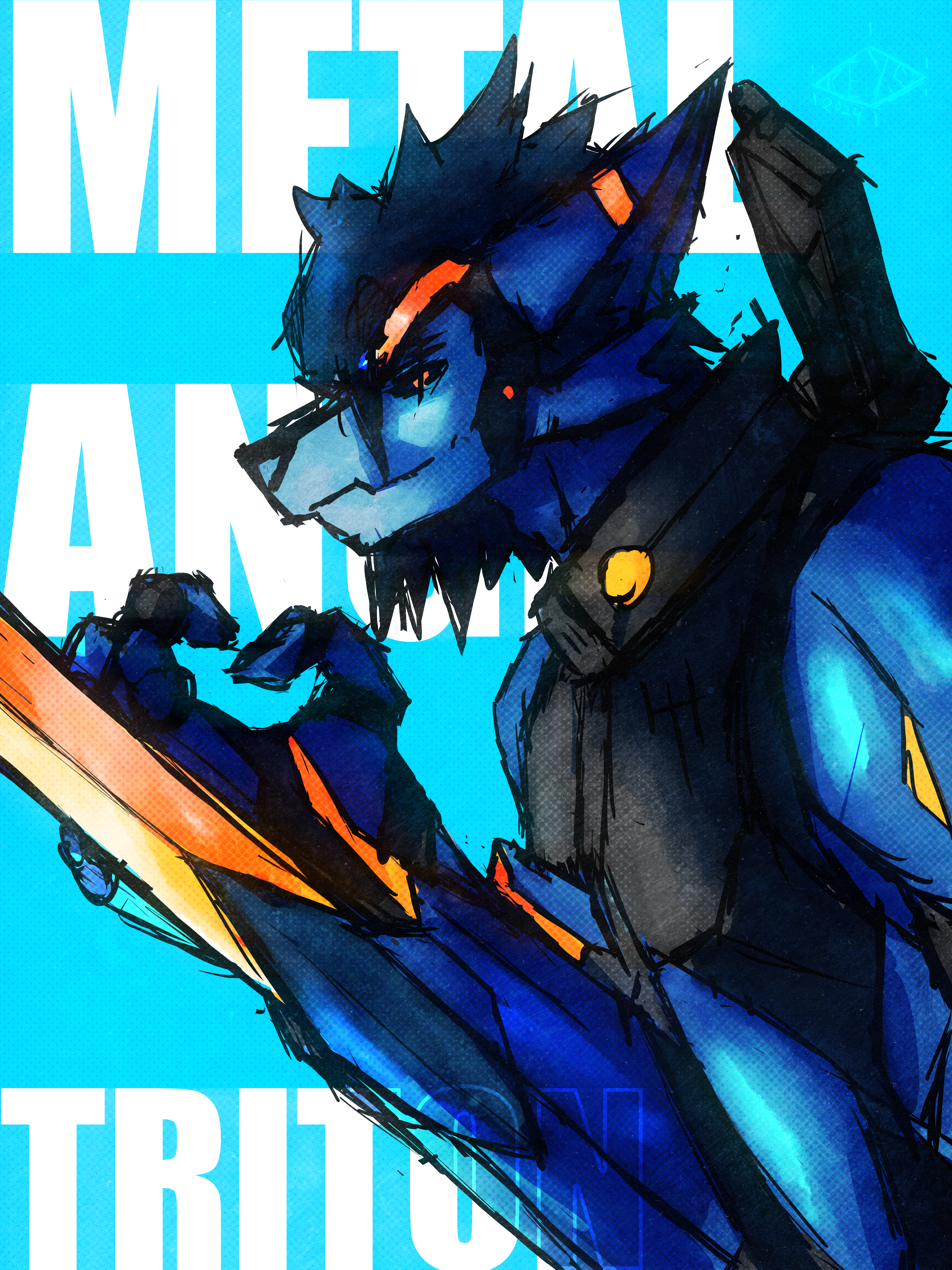a robotic animalistic character with a sword, with text saying Metal Angels, triton